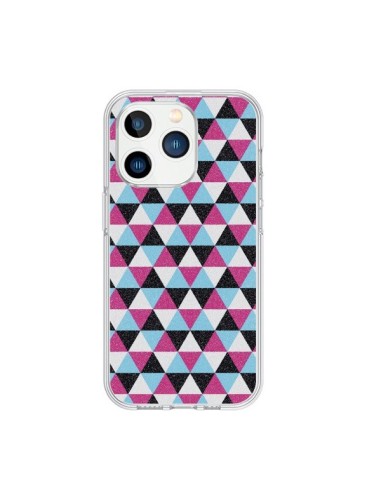 Coque iPhone 15 Pro Azteque Triangles Rose Bleu Gris - Mary Nesrala