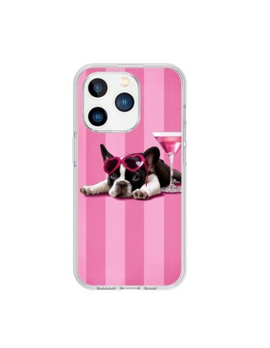Coque iPhone 15 Pro Chien Dog Cocktail Lunettes Coeur Rose - Maryline Cazenave