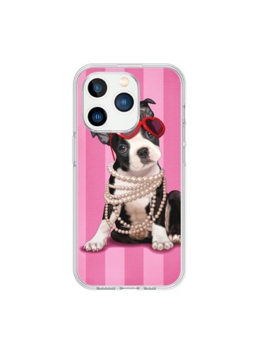 Cover iPhone 15 Pro Cane Fashion Collana di Perle Occhiali Cuore  - Maryline Cazenave