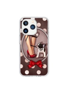 Coque iPhone 15 Pro Lady Jambes Chien Dog Pois Noeud...