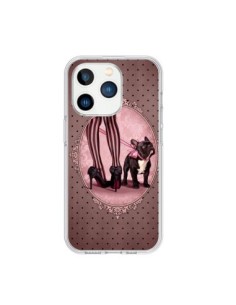 Cover iPhone 15 Pro Lady Jambes Cane Dog Rosa Pois Nero -...
