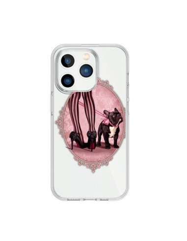 Coque iPhone 15 Pro Lady Jambes Chien Bulldog Dog Rose Pois Noir Transparente - Maryline Cazenave
