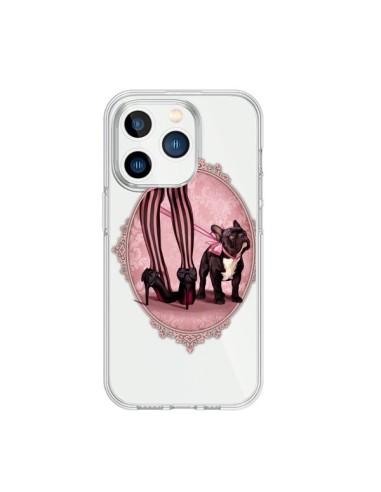 Cover iPhone 15 Pro Lady Jambes Cane Bulldog Dog Rosa Pois Nero Trasparente - Maryline Cazenave