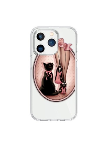Coque iPhone 15 Pro Lady Chat Noeud Papillon Pois Chaussures Transparente - Maryline Cazenave