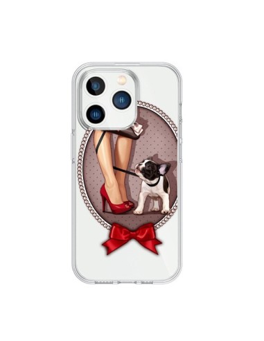 Coque iPhone 15 Pro Lady Jambes Chien Bulldog Dog Pois Noeud Papillon Transparente - Maryline Cazenave