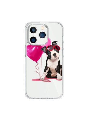 Coque iPhone 15 Pro Chien Dog Ballon Lunettes Coeur Rose Transparente - Maryline Cazenave