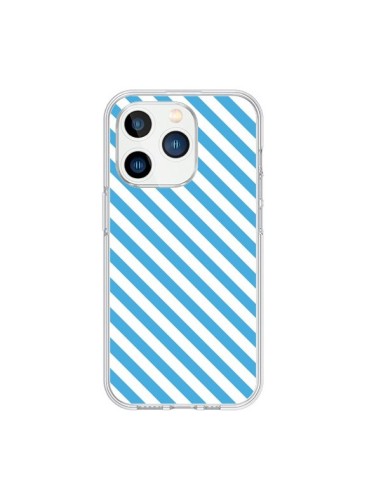 Coque iPhone 15 Pro Bonbon Candy Bleue et Blanche Rayée - Nico
