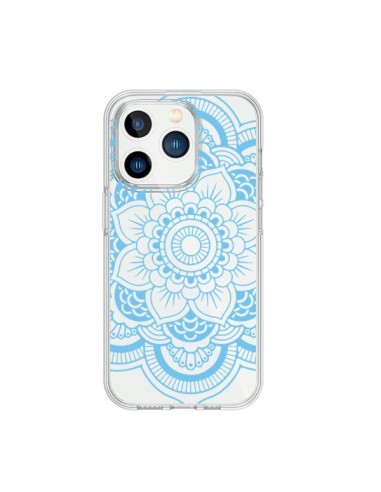 Coque iPhone 15 Pro Mandala Bleu Azteque Transparente - Nico