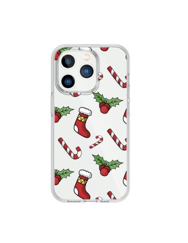 Cover iPhone 15 Pro Calze Bastoncini di Zucchero Agrifoglio Natale Trasparente - Nico
