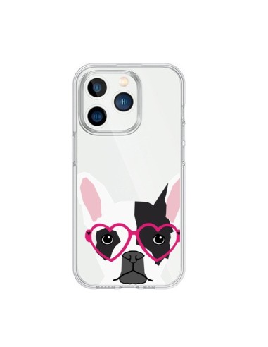 Coque iPhone 15 Pro Bulldog Français Lunettes Coeurs Chien Transparente - Pet Friendly