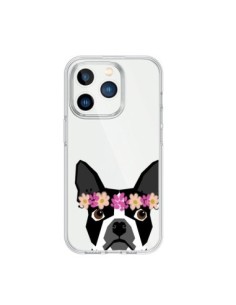 Cover iPhone 15 Pro Boston Terrier Fiori Cane Trasparente...