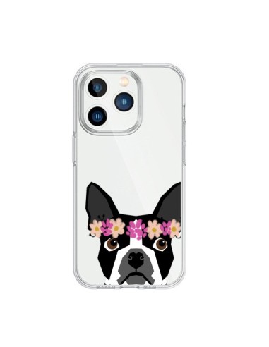 Coque iPhone 15 Pro Boston Terrier Fleurs Chien Transparente - Pet Friendly