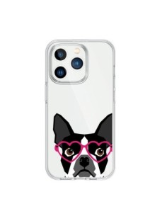 Coque iPhone 15 Pro Boston Terrier Lunettes Coeurs Chien...