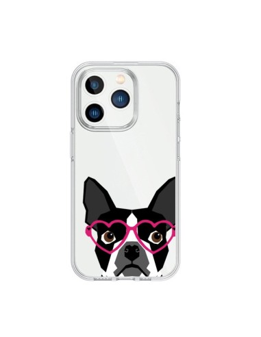 Coque iPhone 15 Pro Boston Terrier Lunettes Coeurs Chien Transparente - Pet Friendly