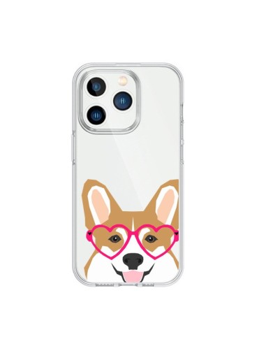 Coque iPhone 15 Pro Chien Marrant Lunettes Coeurs Transparente - Pet Friendly