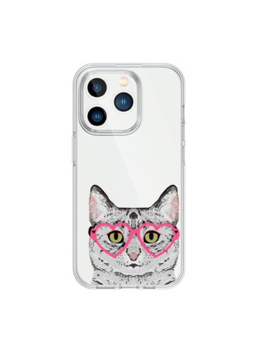 Coque iPhone 15 Pro Chat Gris Lunettes Coeurs Transparente - Pet Friendly