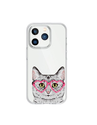 Cover iPhone 15 Pro Gatto Grigio Occhiali Cuori Trasparente - Pet Friendly