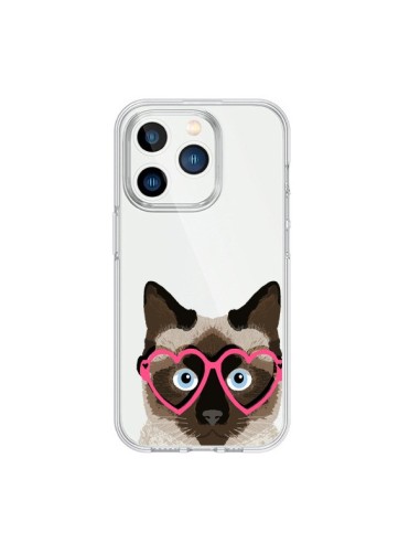 Coque iPhone 15 Pro Chat Marron Lunettes Coeurs Transparente - Pet Friendly