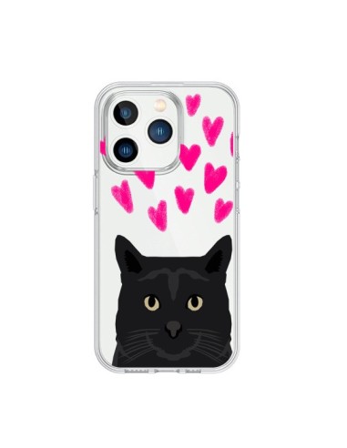 Coque iPhone 15 Pro Chat Noir Coeurs Transparente - Pet Friendly