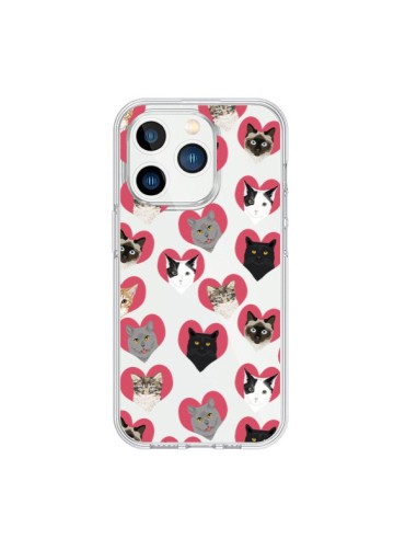 Coque iPhone 15 Pro Chats Coeurs Transparente - Pet Friendly