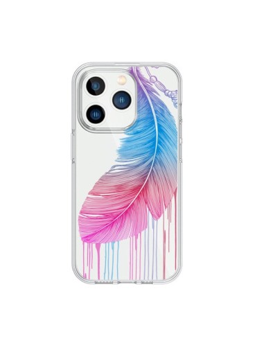 Coque iPhone 15 Pro Plume Feather Arc en Ciel Transparente - Rachel Caldwell