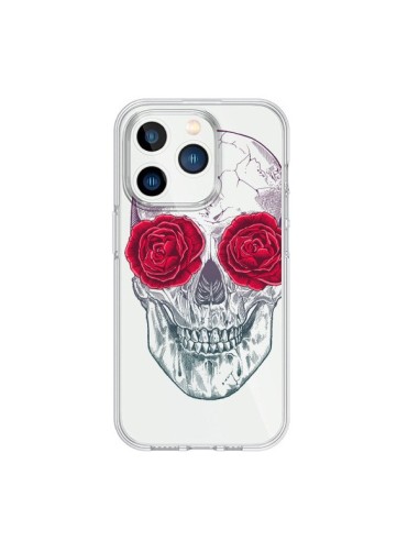 Coque iPhone 15 Pro Tête de Mort Rose Fleurs Transparente - Rachel Caldwell