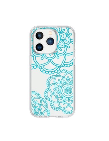 Coque iPhone 15 Pro Mandala Bleu Aqua Doodle Flower Transparente - Sylvia Cook