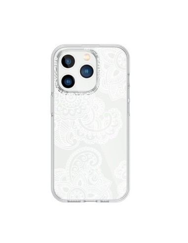 Coque iPhone 15 Pro Lacey Paisley Mandala Blanc Fleur Transparente - Sylvia Cook