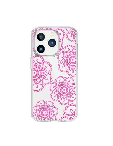 Coque iPhone 15 Pro Pink Doodle Flower Mandala Rose Fleur Transparente - Sylvia Cook