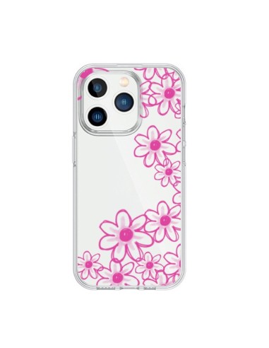 Coque iPhone 15 Pro Pink Flowers Fleurs Roses Transparente - Sylvia Cook