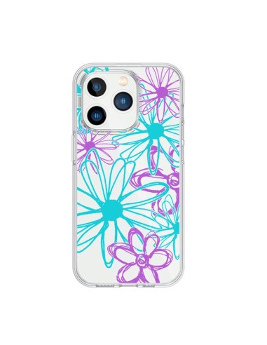 Coque iPhone 15 Pro Turquoise and Purple Flowers Fleurs Violettes Transparente - Sylvia Cook