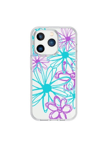 Cover iPhone 15 Pro Fiori Viola e Turchesi Trasparente - Sylvia Cook