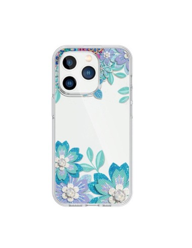 Coque iPhone 15 Pro Winter Flower Bleu, Fleurs d'Hiver Transparente - Sylvia Cook