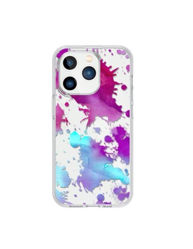 Coque iPhone 15 Pro Watercolor Splash Taches Bleu Violet Transparente - Sylvia Cook