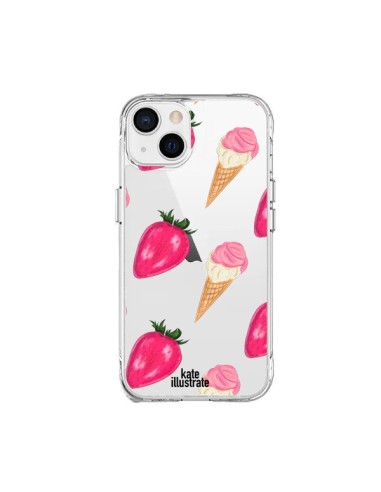 Coque iPhone 15 Plus Strawberry Ice Cream Fraise Glace Transparente - kateillustrate