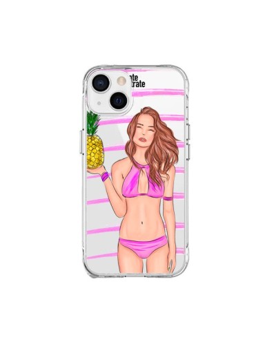 Cover iPhone 15 Plus Malibu Ananas Spiaggia Estate Rosa Trasparente - kateillustrate