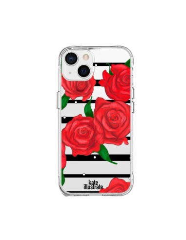 Coque iPhone 15 Plus Red Roses Rouge Fleurs Flowers Transparente - kateillustrate