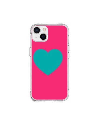 Coque iPhone 15 Plus Coeur Bleu Fond Rose - Laetitia