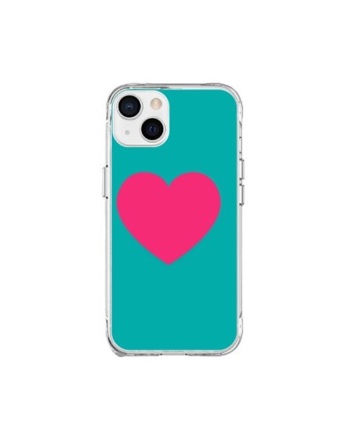 Coque iPhone 15 Plus Coeur Rose Fond Bleu  - Laetitia