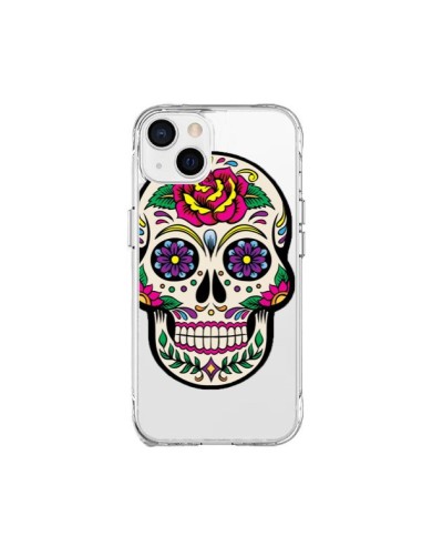 Coque iPhone 15 Plus Tête de Mort Mexicaine Fleurs Transparente - Laetitia