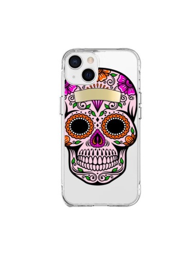 Coque iPhone 15 Plus Tête de Mort Mexicaine Noir Rose Transparente - Laetitia