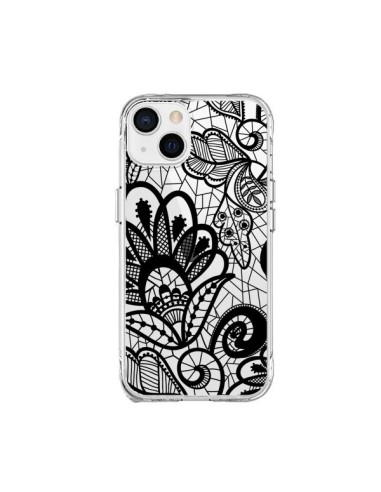Coque iPhone 15 Plus Lace Fleur Flower Noir Transparente - Petit Griffin
