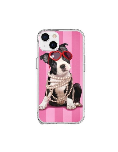 Cover iPhone 15 Plus Cane Fashion Collana di Perle Occhiali Cuore  - Maryline Cazenave