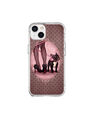 Coque iPhone 15 Plus Lady Jambes Chien Dog Rose Pois Noir - Maryline Cazenave