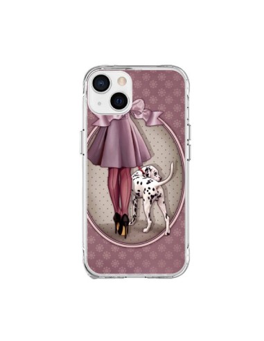 Coque iPhone 15 Plus Lady Chien Dog Dalmatien Robe Pois - Maryline Cazenave