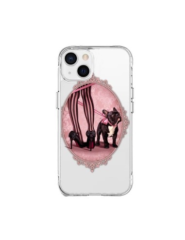 Coque iPhone 15 Plus Lady Jambes Chien Bulldog Dog Rose Pois Noir Transparente - Maryline Cazenave