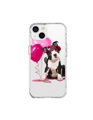 Cover iPhone 15 Plus Cane Dog Palloncini Occhiali Cuore Rosa Trasparente - Maryline Cazenave