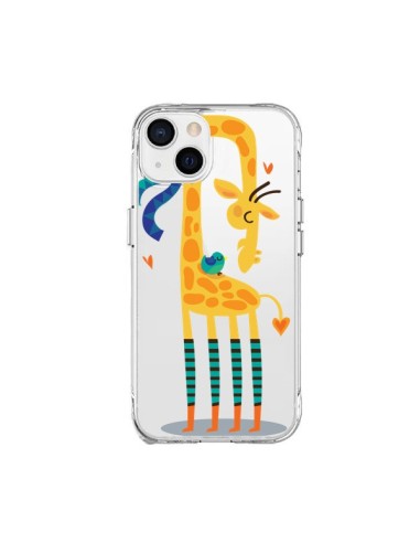 Cover iPhone 15 Plus L'oiseau e la Girafe Amore L'uccello e la Giraffa Trasparente - Maria Jose Da Luz