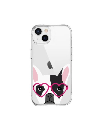 Coque iPhone 15 Plus Bulldog Français Lunettes Coeurs Chien Transparente - Pet Friendly