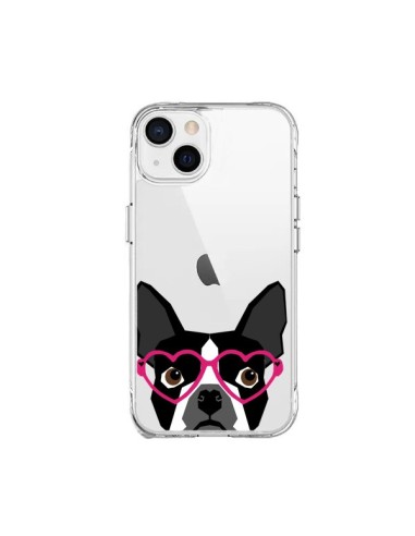 Coque iPhone 15 Plus Boston Terrier Lunettes Coeurs Chien Transparente - Pet Friendly